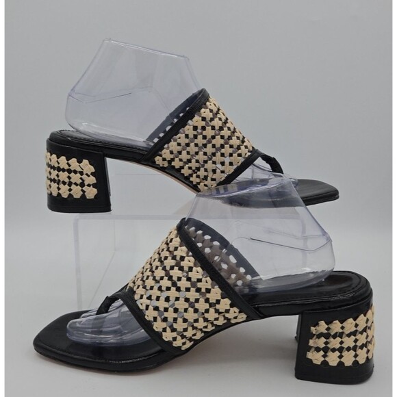 Tory Burch Woven Raffia Block Heeled Mule Sz 10.5 Black Raffia Sandal Slip-On - Picture 2 of 9